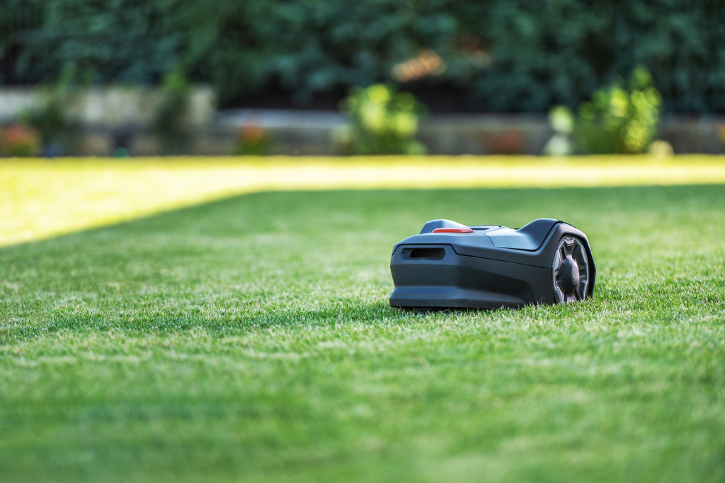 Il robot tagliaerba rappresenta la soluzione ideale per chi voglia mettersi comodo sulla sdraio, mentre il lavoro di falciatura viene eseguito in totale autonomia. Nella foto, un robot tagliaerba che falcia il prato.